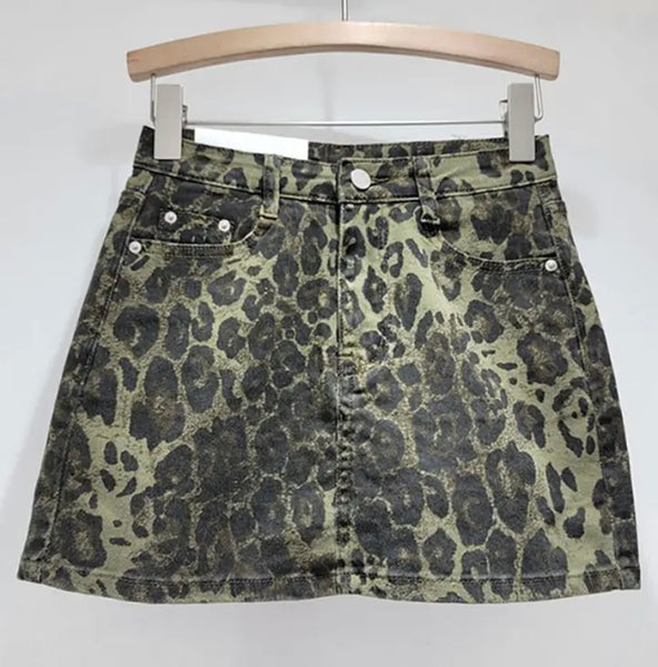 Women Fashion Color Leopard Print Denim Skirt