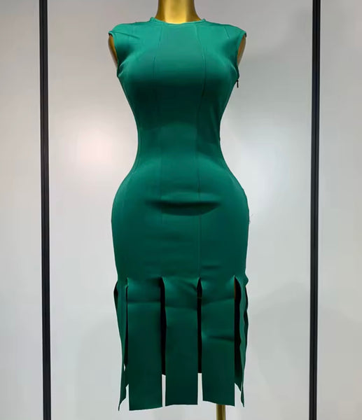 Women Sexy Sleeveless Green Open Back Tassel Bandage Dress