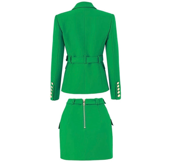 Women Green Letter Belted Blazer Two Piece Skirt Set