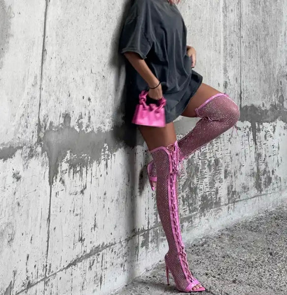 Women Pink Lace Up Fashion Over The Knee High Heel Boots