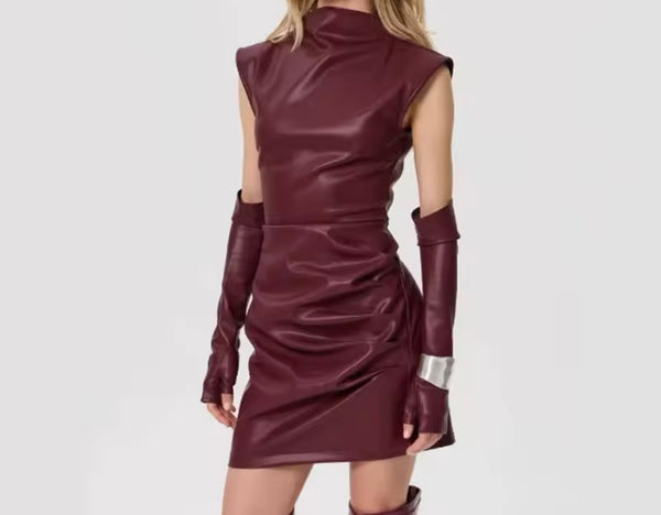 Women Sexy Sleeveless Glove Faux Leather Dress