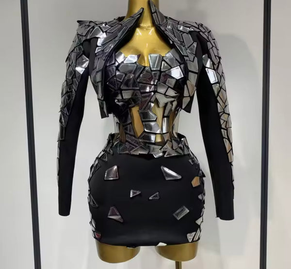 Women Sexy Metallic Color Patchwork Strapless Dress Jacket Set