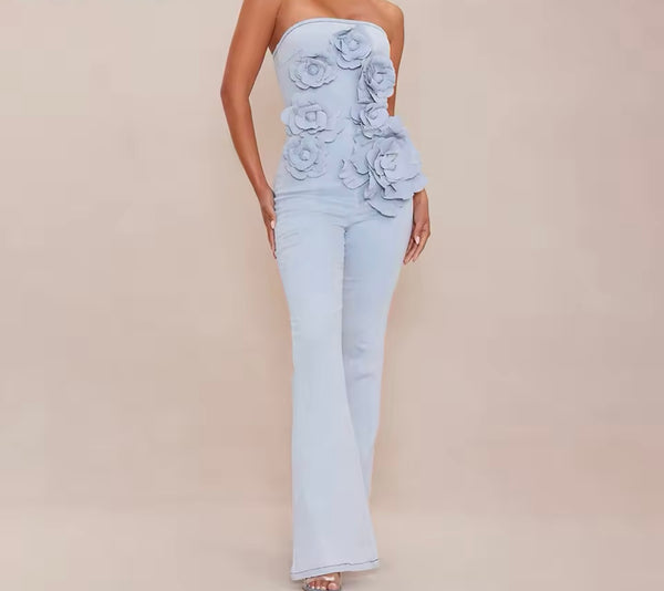 Women Fashion Strapless 3D Floral Denim Jumpsuit