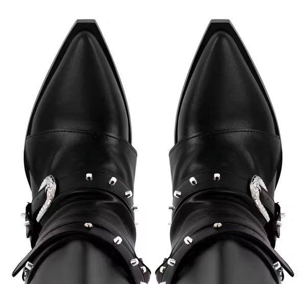 Women Fashion Black Buckled Button Knee High Western Boots