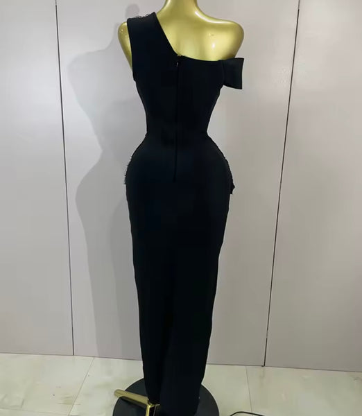 Women Elegant Rhinestone One Shoulder Sleeveless Maxi Dress