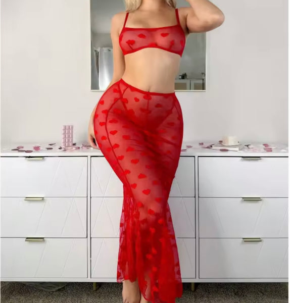 Women Sexy Sleeveless Heart Mesh Lingerie Set