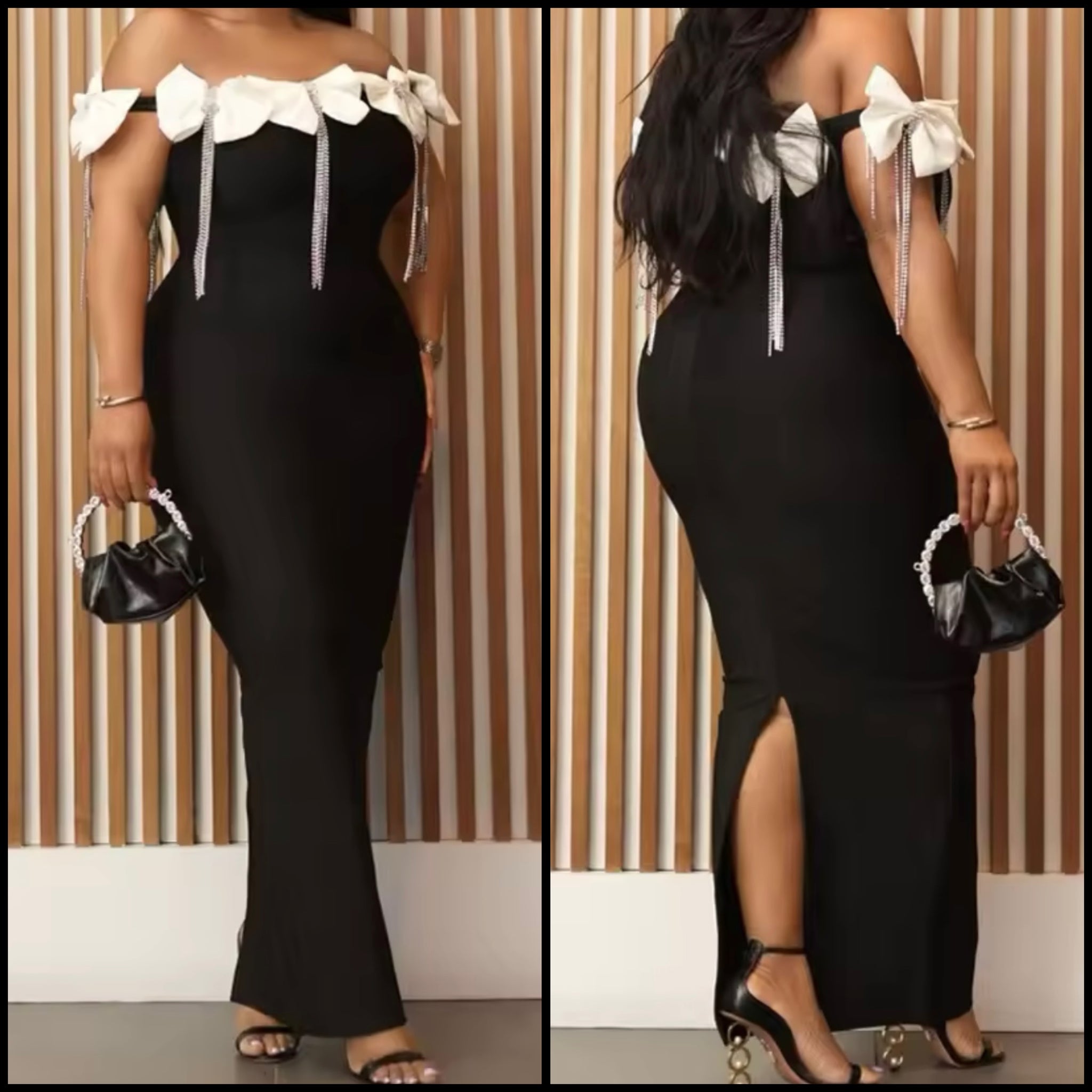Women Sexy B&W Bow Crystal Tassel Off The Shoulder Maxi Dress