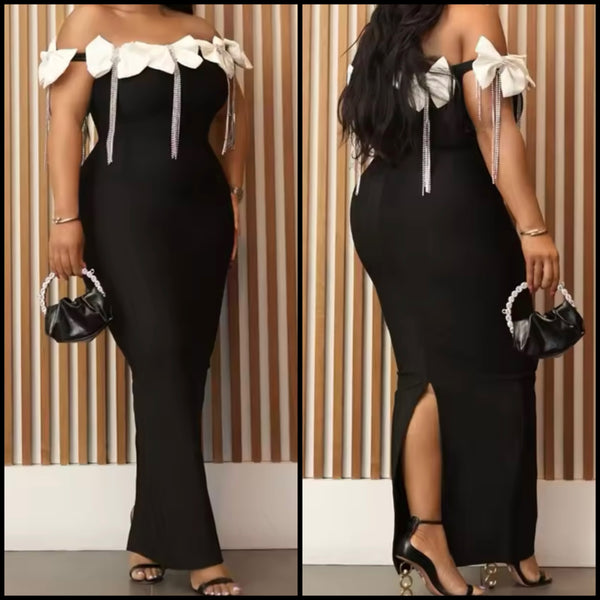 Women Sexy B&W Bow Crystal Tassel Off The Shoulder Maxi Dress
