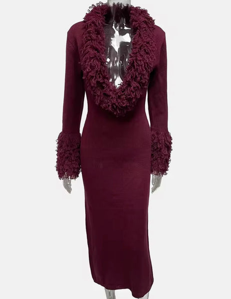 Women Sexy Burgundy Knitted Fringe Full Sleeve Maxi Dress