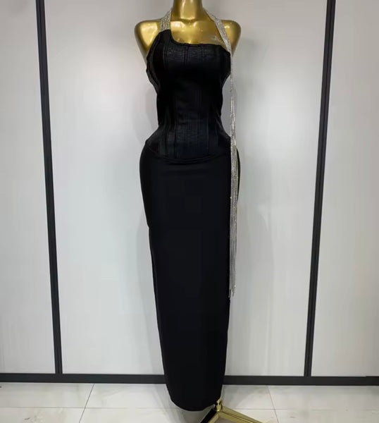 Women Sexy Black Rhinestone Chain Sleeveless Maxi Dress