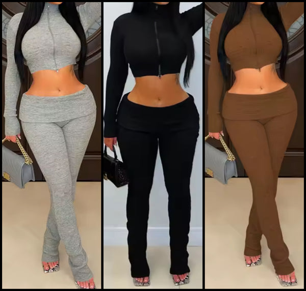 Women Zip Up Full Sleeve Crop Fashion Two Piece Pant Set