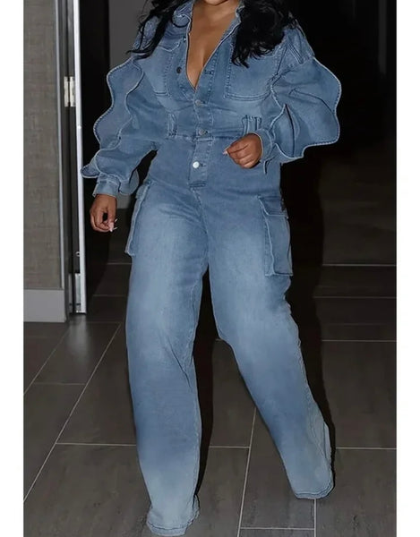 Women Fashion Button Up Ruffled Full Sleeve Denim Jumpsuit