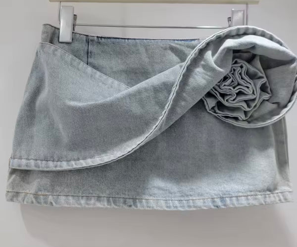 Women Fashion 3D Floral Blue Denim Skirt