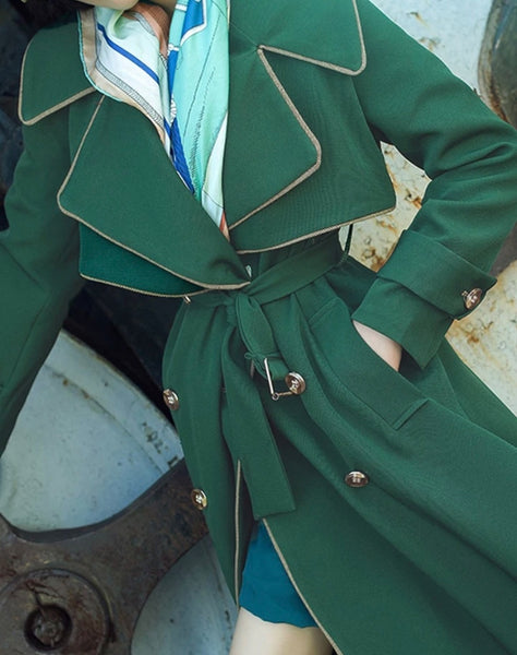 Women Green Button Up Fashion Trench Jacket