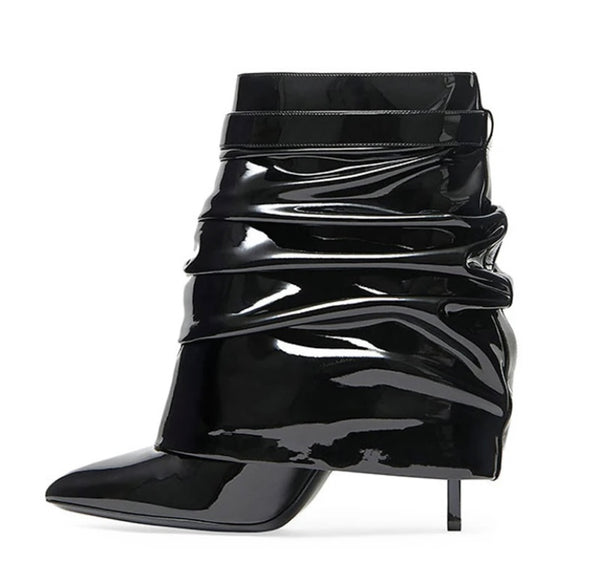 Women Fashion Pointed Toe Ruched Buckled Lock Ankle Boots
