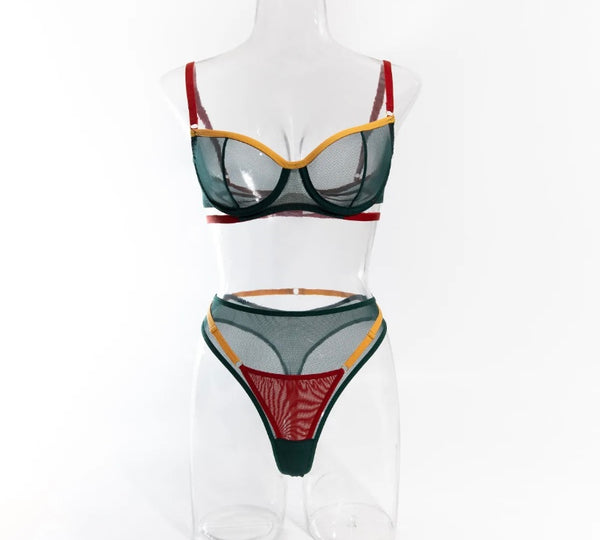 Women Sexy Color Patchwork Mesh Lingerie Set