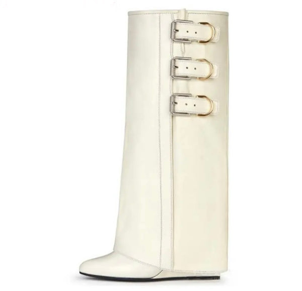 Women Fashion Faux Leather Buckled Wedge Knee High Boots