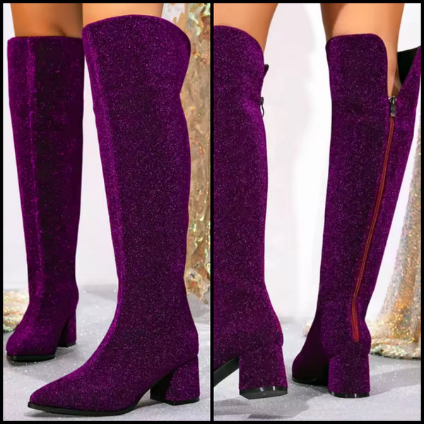 Women Purple Sparkly Fashion Knee High Boots