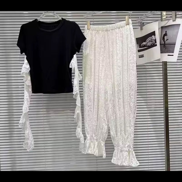 Women B&W Lace Full Sleeve Fashion Two Piece Pant Set