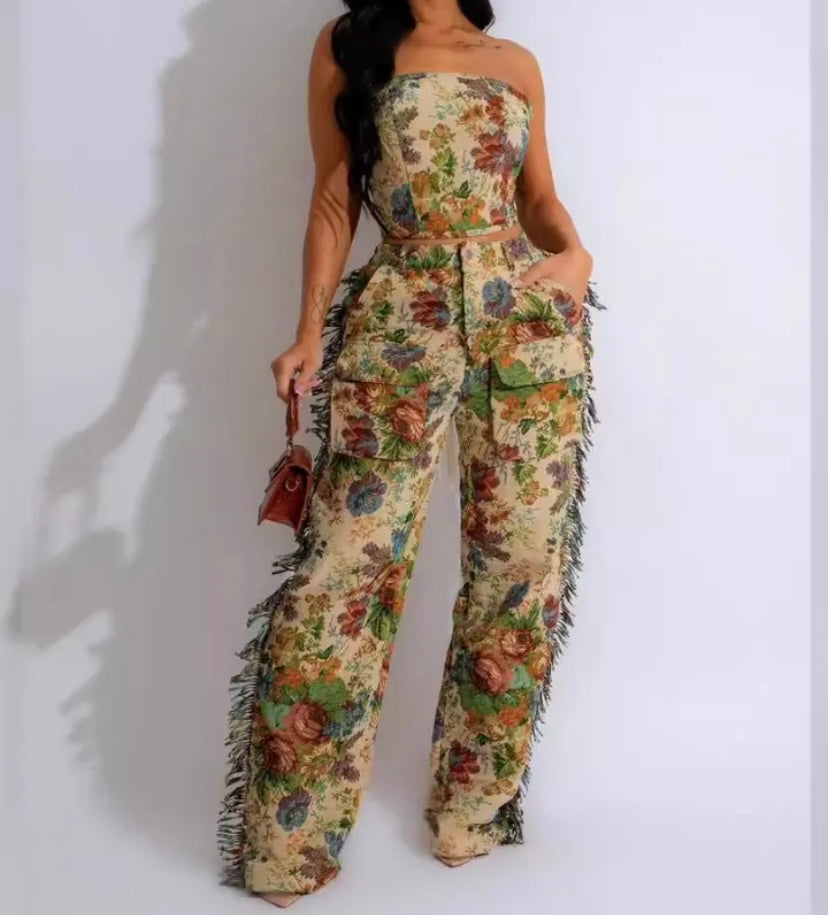Women Sexy Fashion Strapless Floral Print Fringe Two Piece Pant Set