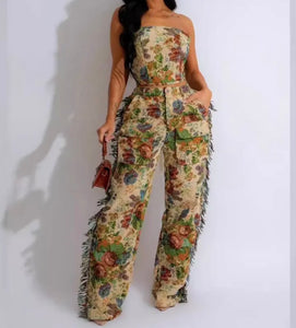 Women Sexy Fashion Strapless Floral Print Fringe Two Piece Pant Set