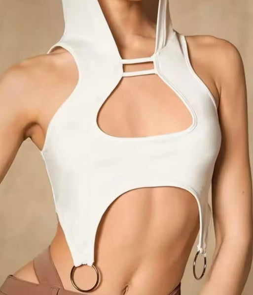 Women Fashion Sleeveless Hooded Metal Ring Crop Top