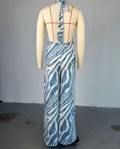 Women Halter Sleeveless Striped Wide Leg Fashion Jumpsuit