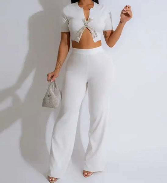 Women Sexy Solid Color Bling Bow Short Sleeve Two Piece Pant Set