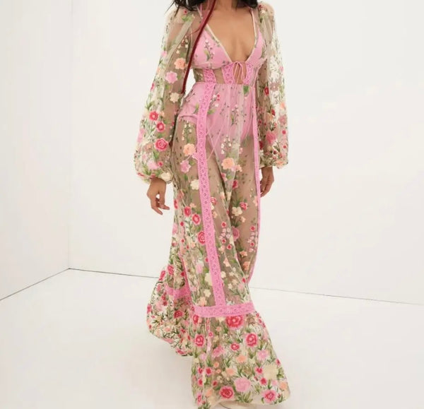 Women Sexy Mesh Floral Open Back Full Sleeve Maxi Dress