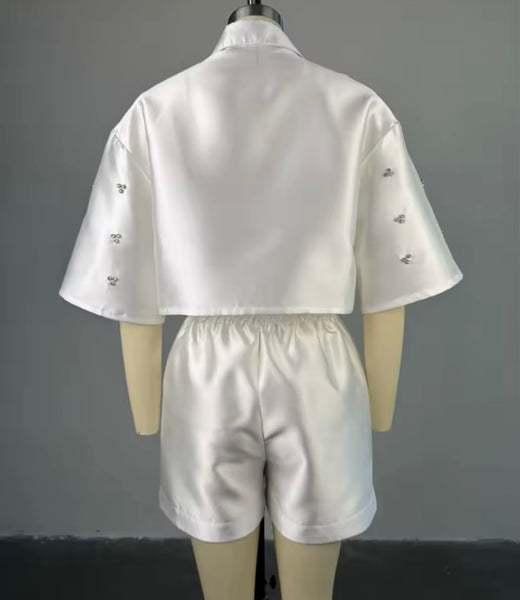 Women White Button Up Short Sleeve Bling Two Piece Short Set