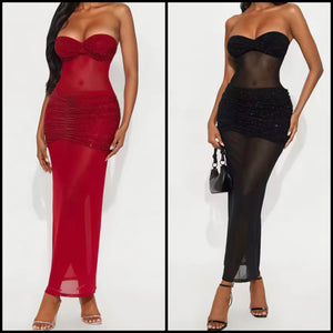 Women Sexy Strapless Sparkly Mesh Maxi Dress