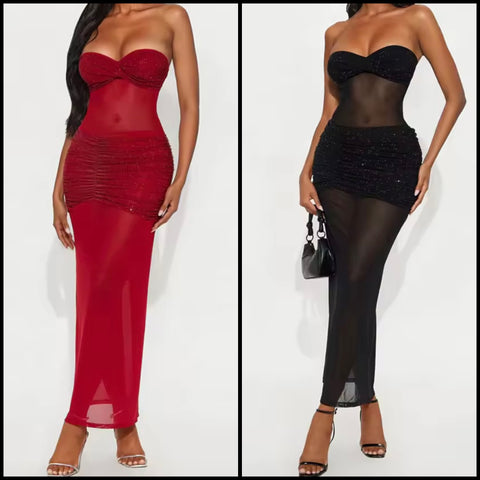 Women Sexy Strapless Sparkly Mesh Maxi Dress