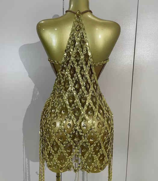 Women Halter Corset Sequins Crystal Tassel Two Piece Dress Set