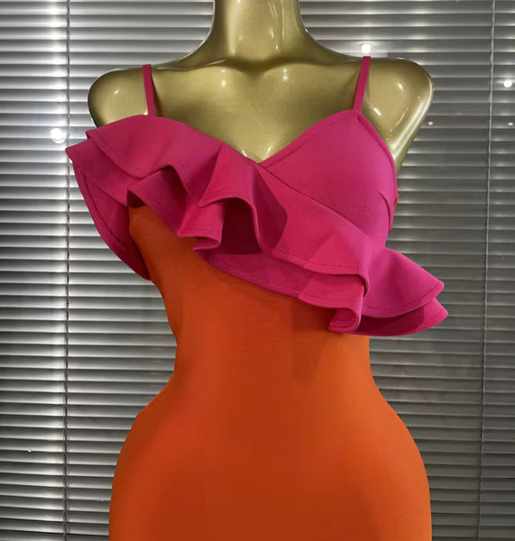 Women Sexy Sleeveless Orange Color Block Ruffle Maxi Dress
