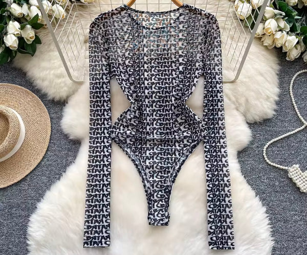 Women Fashion B&W Letter Print Full Sleeve Mesh Bodysuit Top