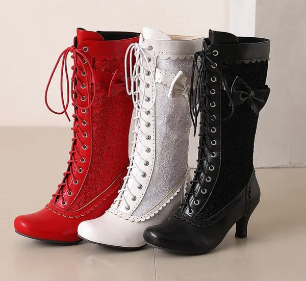 Women Fashion Lace Bow Faux Leather Lace Up Boots