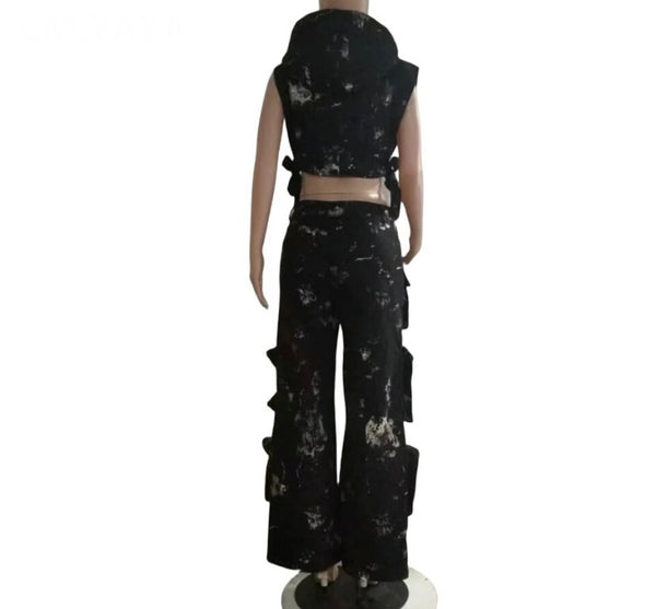 Women Fashion Camouflage Hooded Sleeveless Two Piece Cargo Denim Pant Set