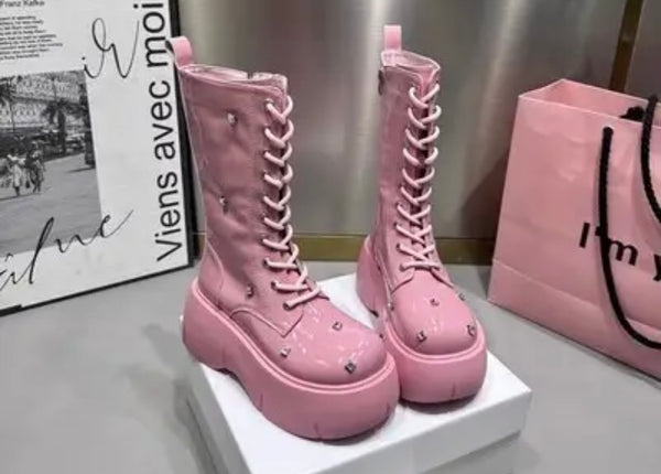 Women Fashion Platform Rhinestone Lace Up Ankle/Mid-Calf Boots