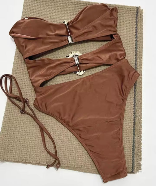 Women Sexy Gold Medal Strapless Cut Out Swimsuit