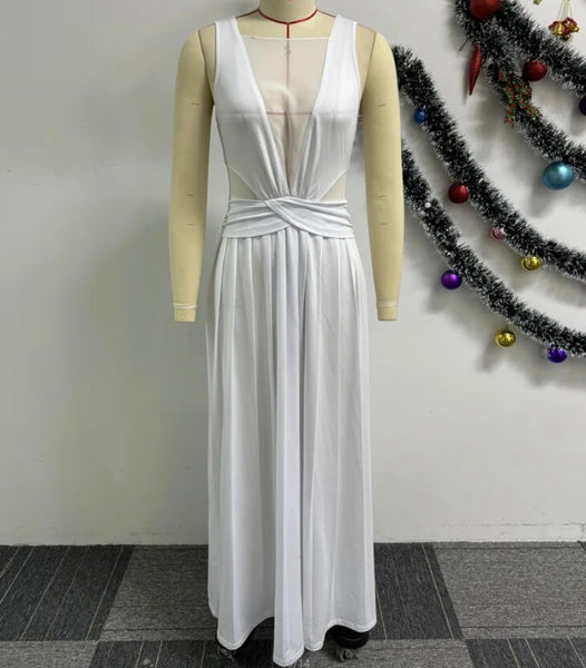 Women Sexy Solid Color Mesh Patchwork Sleeveless Maxi Dress