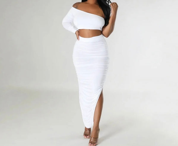 Women Sexy One Shoulder Crop Two Piece Ruched Maxi Skirt Set