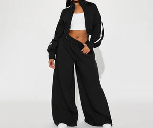 Women Fashion Color Striped Tracksuit Two Piece Crop Pant Set