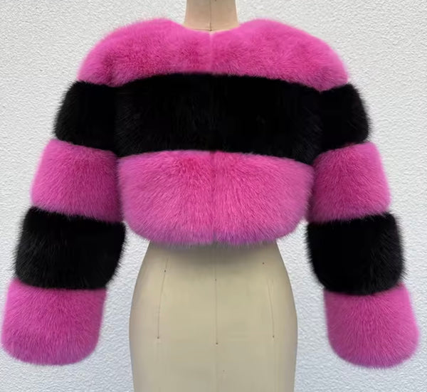 Women Fashion Color Patchwork Striped Faux Fur Jacket