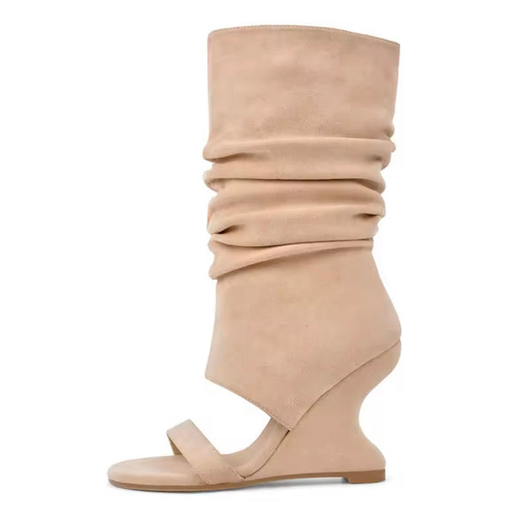 Women Fashion Open Toe Ruched Suede Wedge Mid Length Boots
