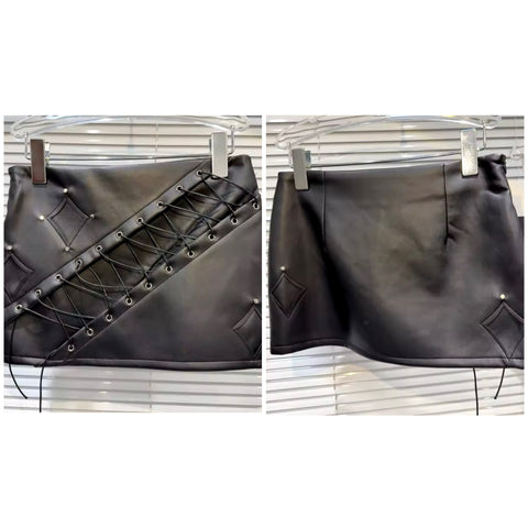 Women Black Fashion Faux Leather Lace Up Skirt