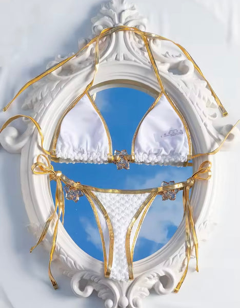 Women Sexy White/Gold Floral Tie Up Bikini