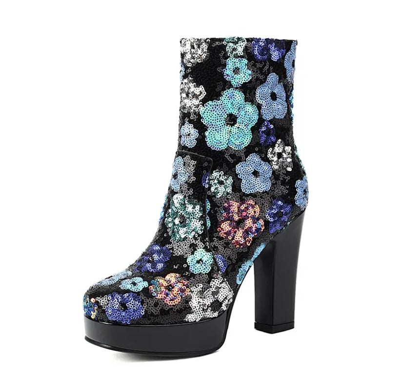 Women Fashion Black Sequins Floral Patent Leather Platform Ankle Boots