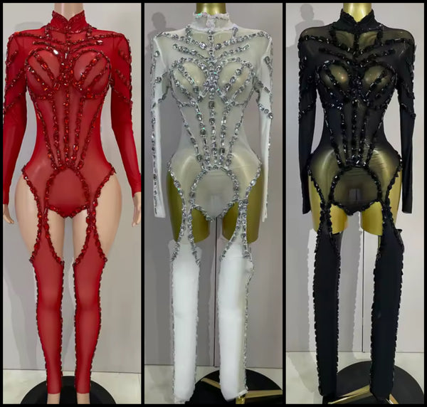 Women Mesh Crystal Full Sleeve Sexy Bodysuit Jumpsuit