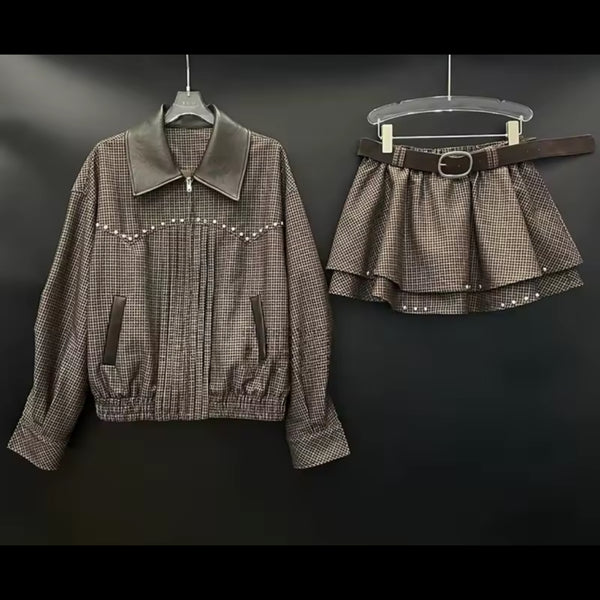 Women Rivet Zip Up Plaid Jacket Two Piece Ruffled Skirt Set