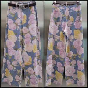Women Fashion Denim Floral Wide Leg Pants